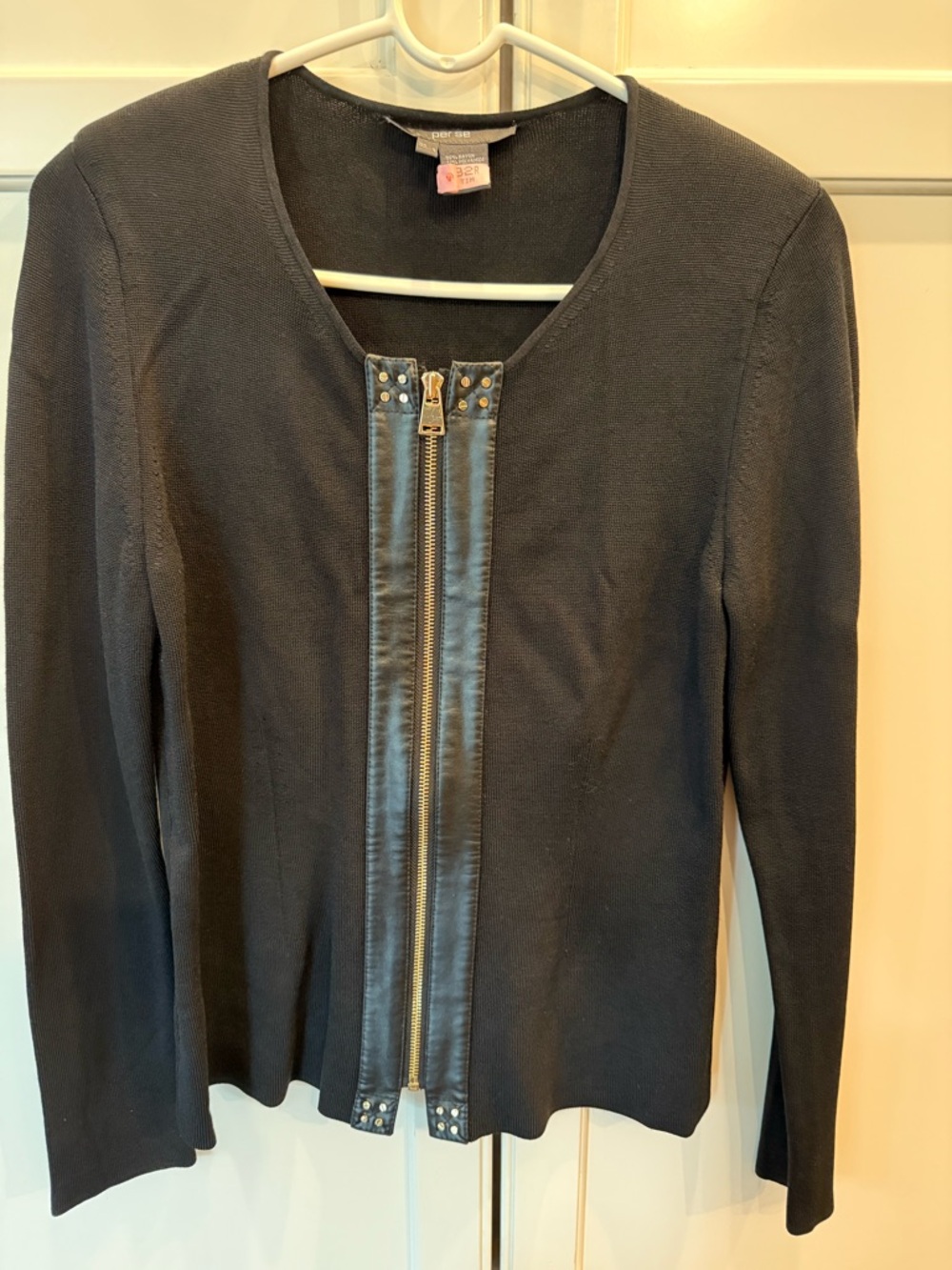 Per Se Black Zip-Front Cardigan with Leather Trim